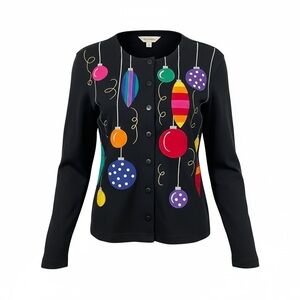 Vintage Bechamel Sz S Holiday Festive Black Sweater Christmas Ornaments Ugly